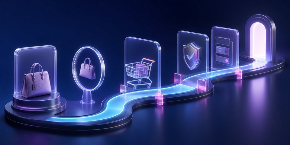 Product discovery, offer, cart, trust, and checkout stages connected in a commerce journey