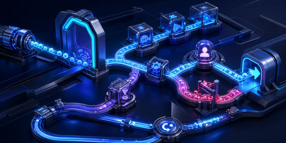 Automation trigger branching through actions, delays, handoff, exceptions, and workflow exits