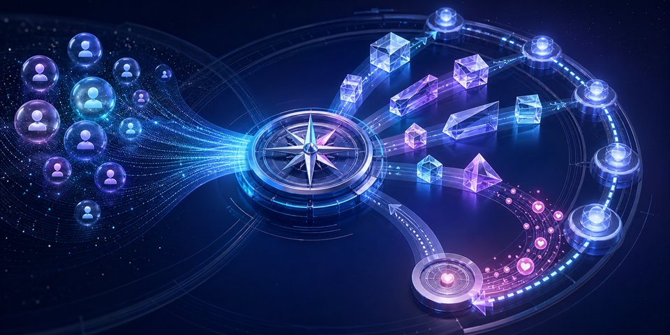 Audience signals connected through a strategy compass to content, publishing, and engagement paths