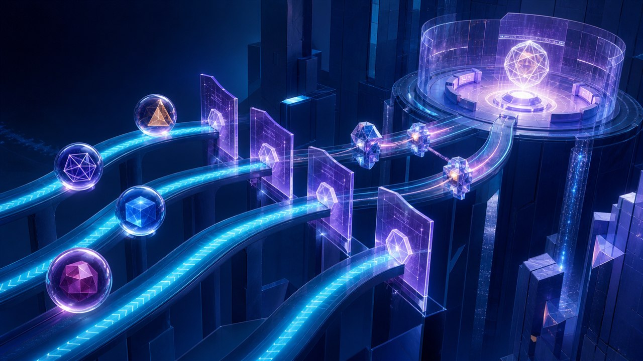 Multiple stakeholder paths converging through evidence checkpoints into a shared B2B decision chamber