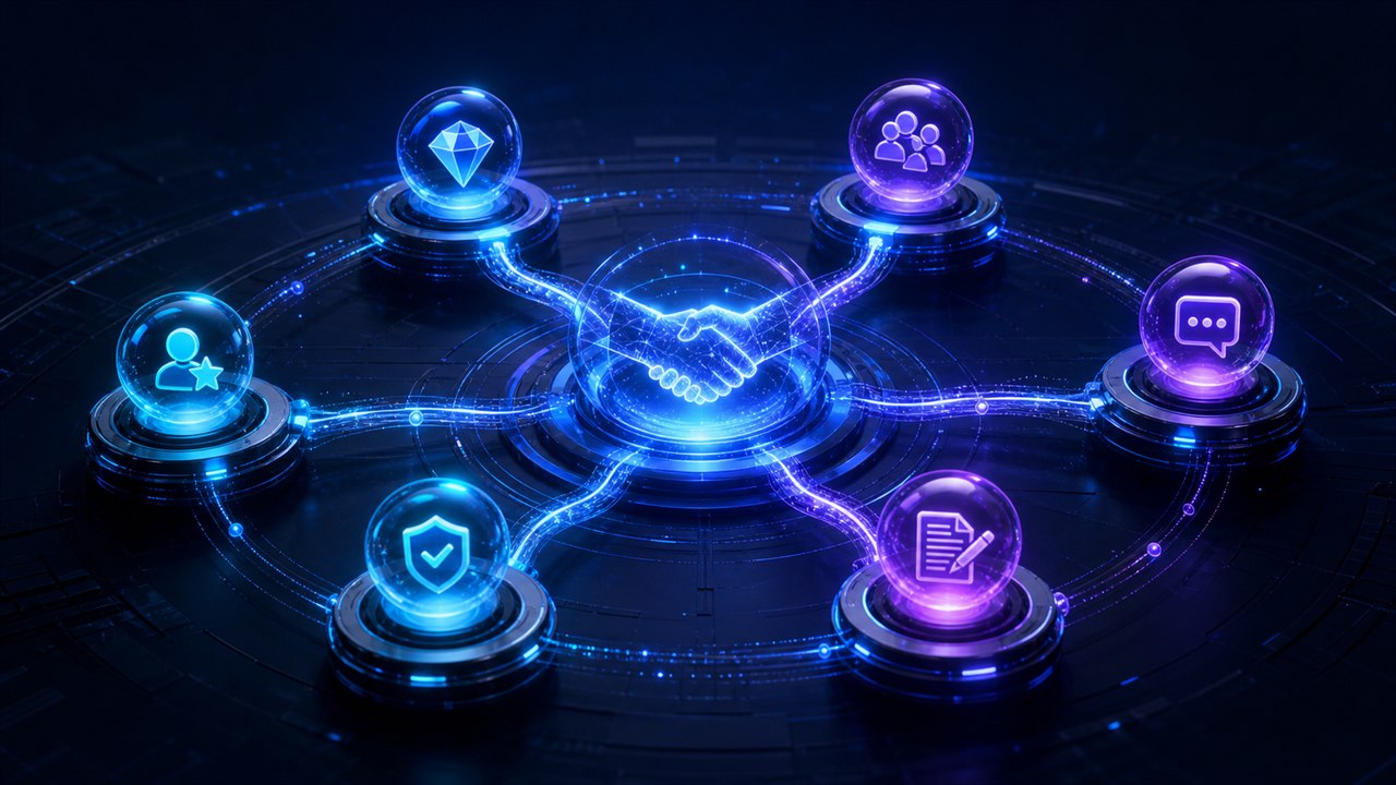 Service-business acquisition orbit connecting fit, relevant reach, qualification, handoff, delivery, and feedback