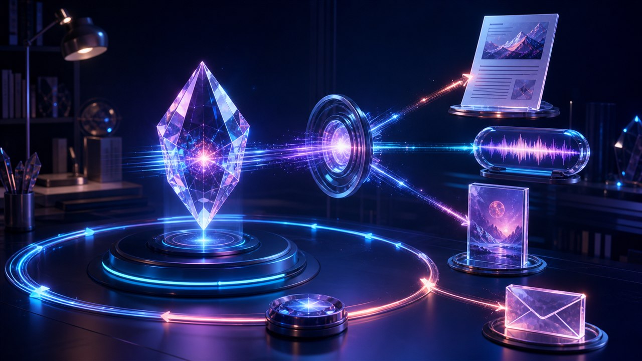 Source-content crystal branching through an interpretation lens into distinct article, audio, video, and email formats