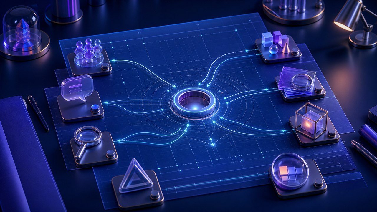 Creative brief blueprint connecting audience, message, evidence, format, constraints, and measurement inputs