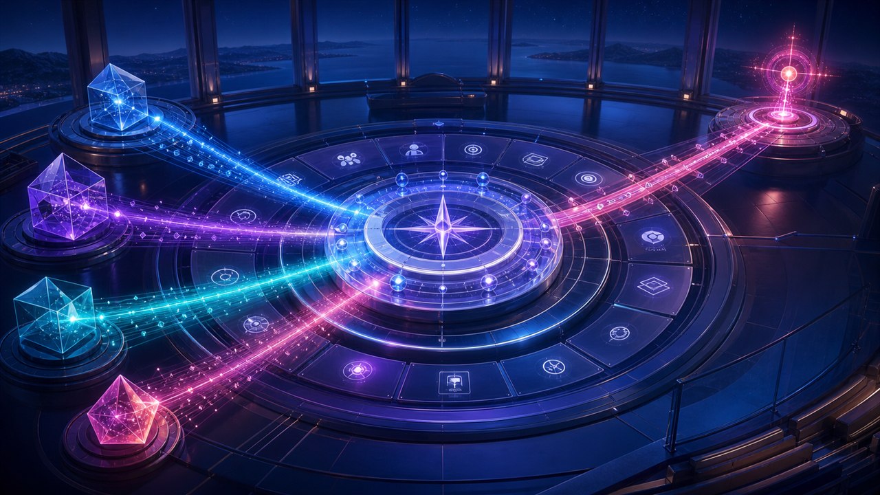 Cross-channel signal beams converging into a layered decision compass inside a measurement observatory
