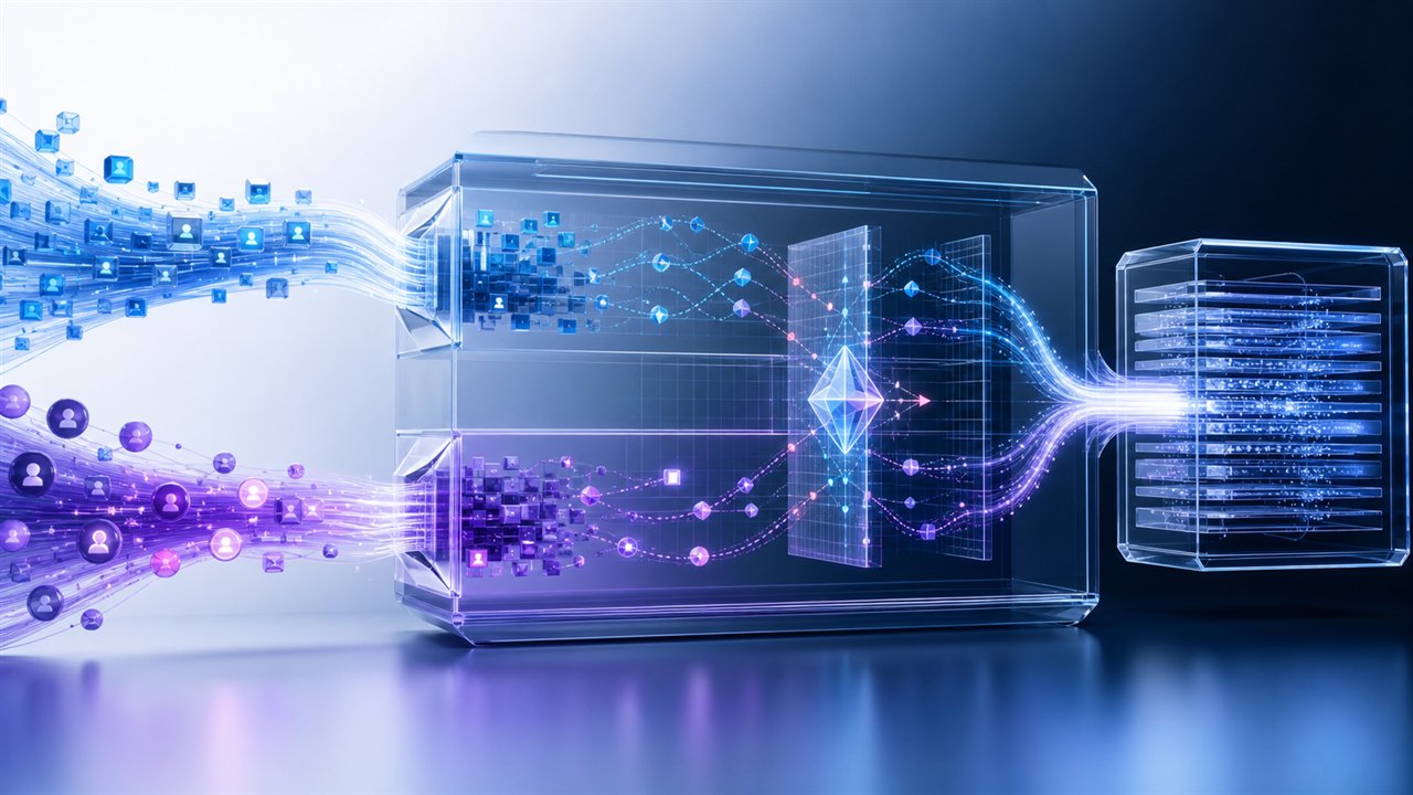 Two reporting signal streams compared inside a transparent reconciliation chamber