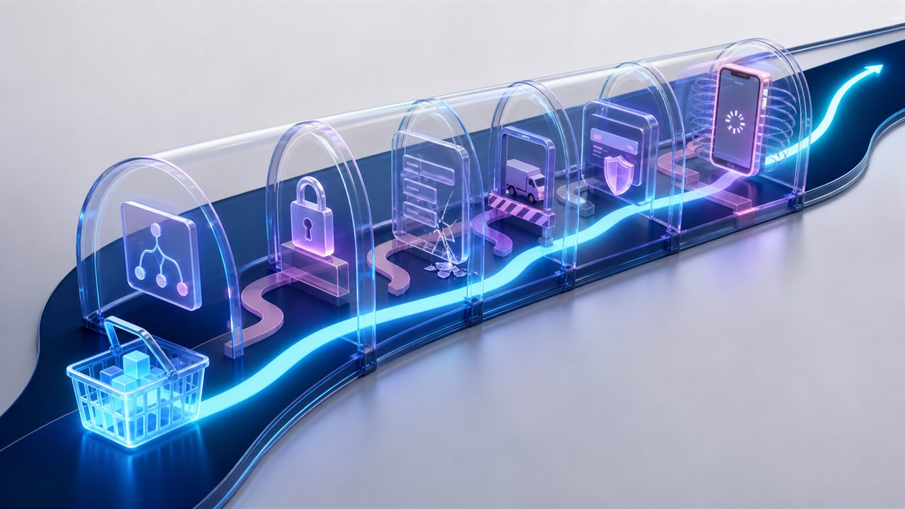 Shopping basket moving through checkout friction gates toward a clear completion path
