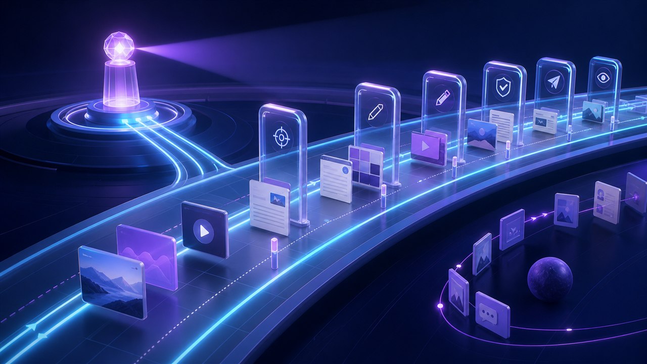 Editorial workflow moving content through priority, capacity, production, approval, publishing, and review stages