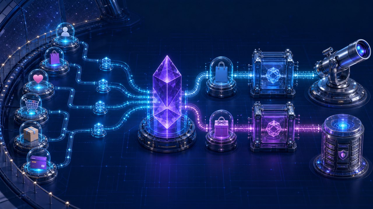 Ecommerce event signals flowing through a measurement contract, validation, and reporting architecture