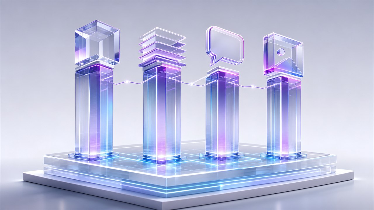 Four connected glass content pillars rising from a shared evidence foundation