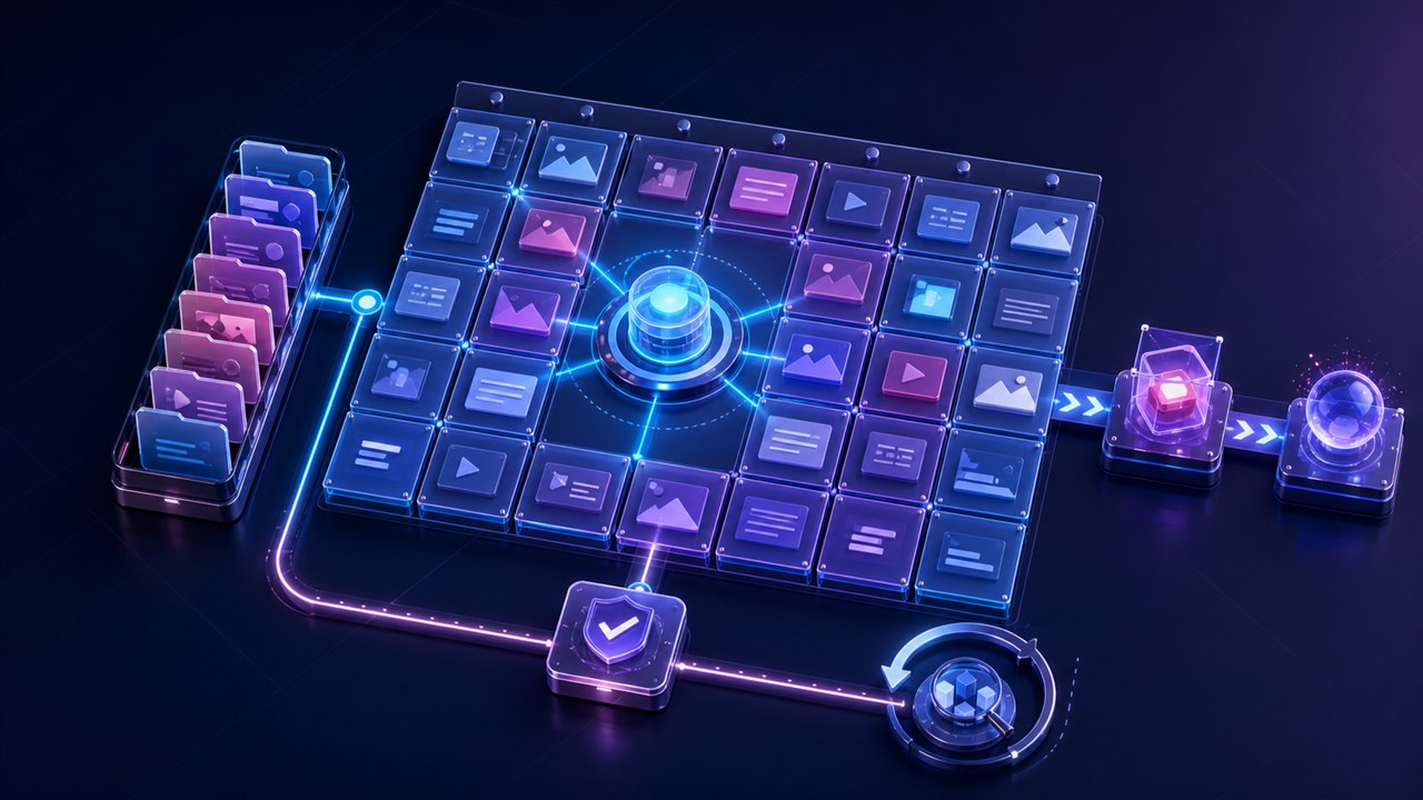 Modular social media calendar system connecting a content backlog, approval checkpoints, publishing lanes, and review loop