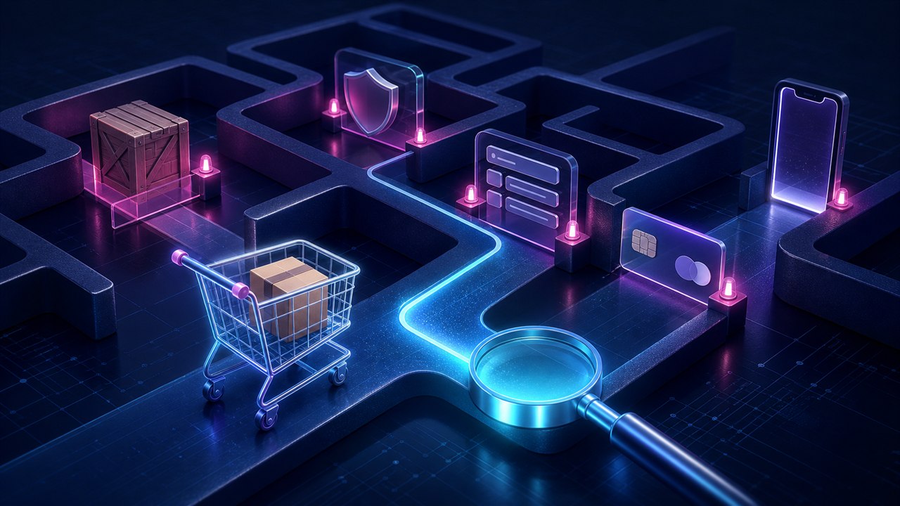 Shopping cart navigating checkout friction gates for shipping, trust, forms, payment, and mobile usability