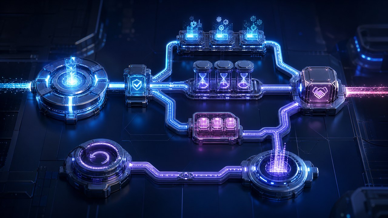 Marketing automation workflow connecting trigger, eligibility, actions, waits, human handoff, exceptions, and review