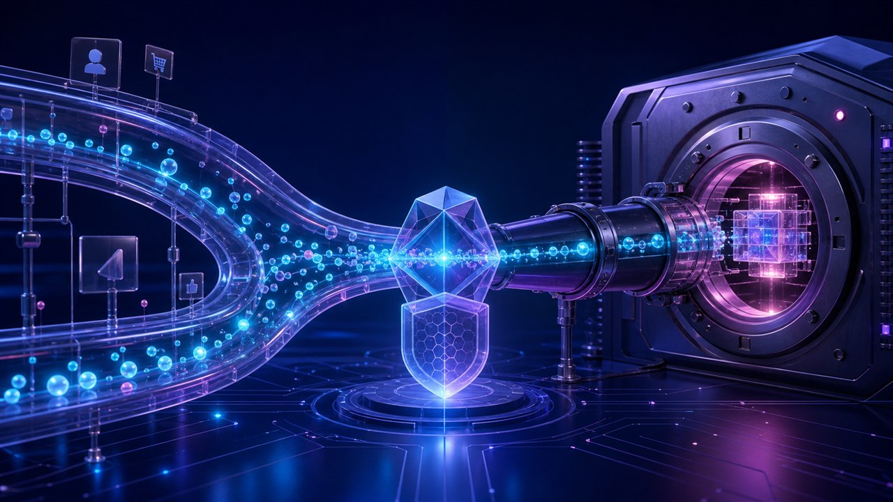 Browser and server event pathways converging through a deduplication crystal and consent shield