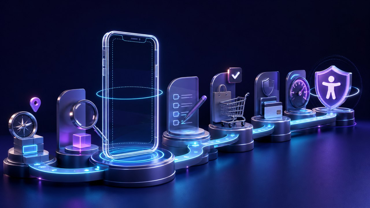 Mobile commerce journey passing through navigation, product, cart, checkout, performance, and accessibility checks