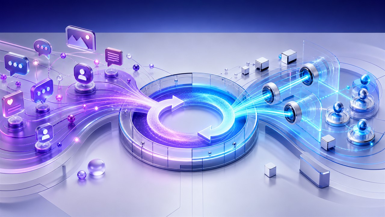 Connected organic conversation signals and paid distribution beams flowing through a shared learning loop