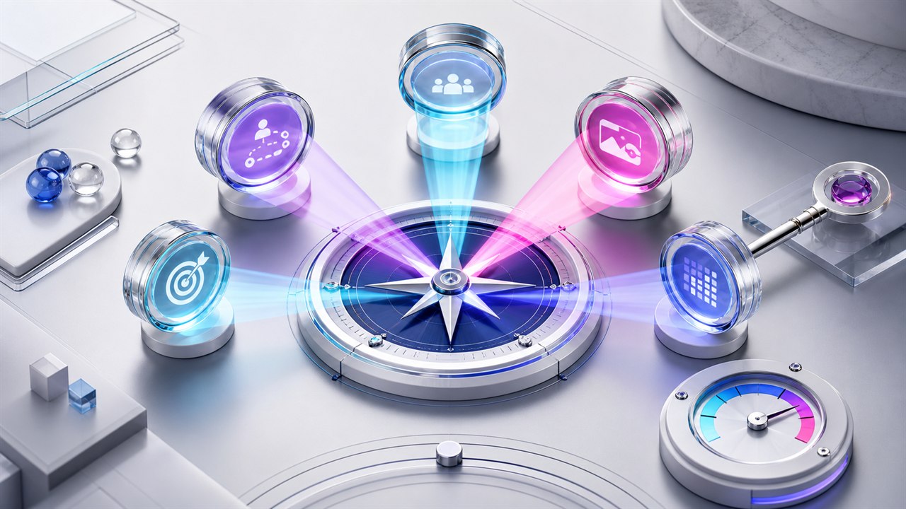 Five evidence lenses converging on a decision compass for paid media reporting