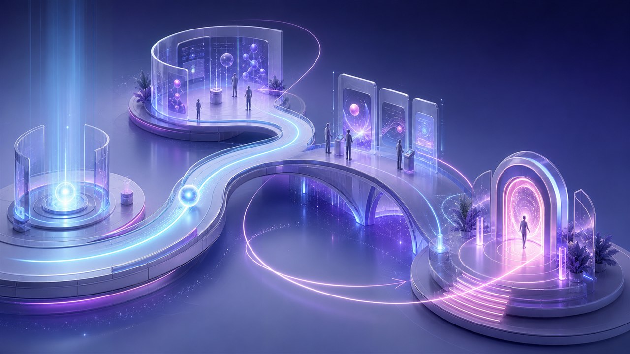 Continuous illuminated customer journey connecting discovery, education, evaluation, and action