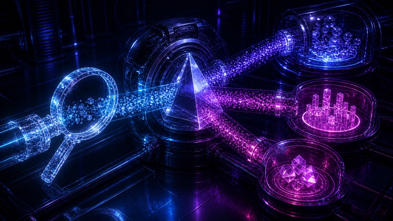 Search Term Review Decision System for Paid Search represented as a priority field with category-coded signal paths and a distinct sequence-6 composition.