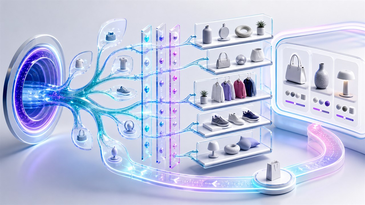 Product discovery tree branching through navigation, filters, collections, and merchandising