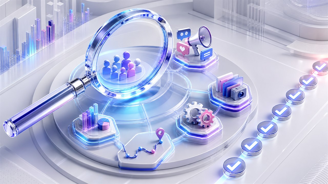 Magnifying lens examining audience, channel, content, workflow, and measurement checkpoints