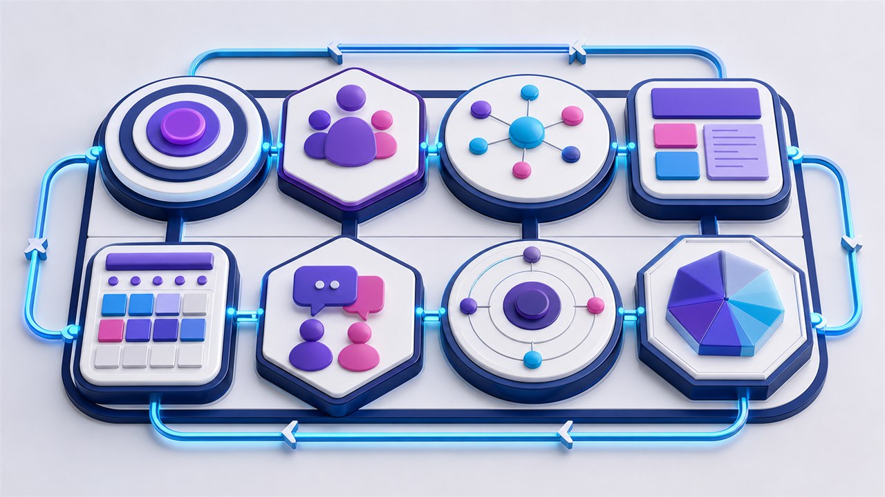 Eight-module social media strategy board connected by a continuous review loop