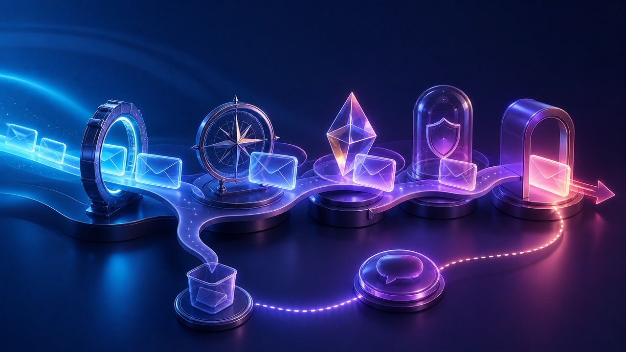 Welcome email sequence flowing through promise, orientation, value, proof, next action, and feedback stages