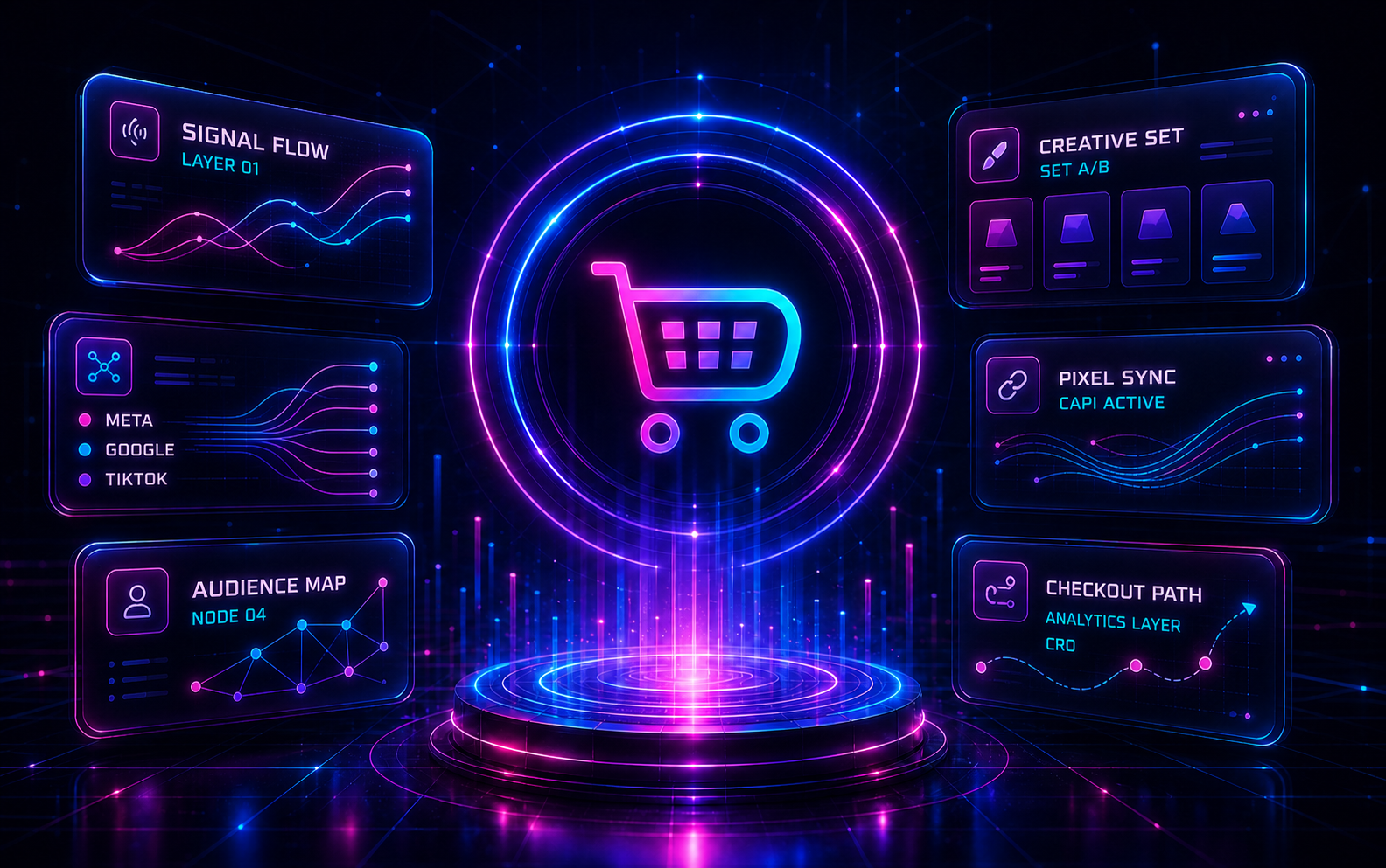Glowing DaDaStore commerce intelligence platform with neon rings, dashboard cards, and holographic growth system visual